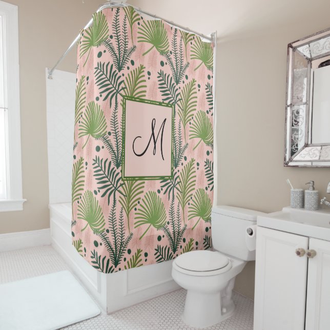 Botanical Greenery Leaves and Monogram Pink Shower Curtain (In Situ)