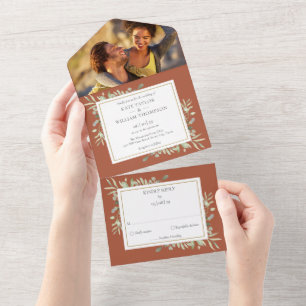 Botanical Greenery Leaves Terracotta Photo Wedding All In One Invitation