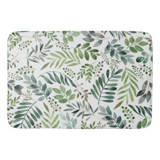 Botanical Greenery Leaves Watercolor  Bath Mat