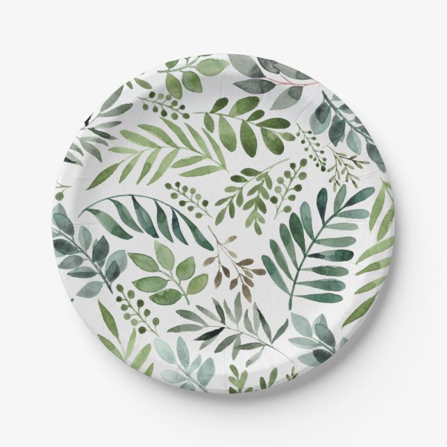 Botanical Greenery Leaves Watercolor Paper Plate (Front)