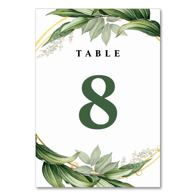 Botanical Greenery Leaves Wedding Table Number (Front)