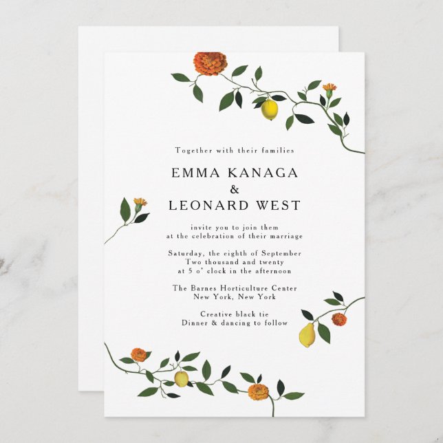 Botanical Greenery, Lemons, and Marigolds Invite (Front/Back)
