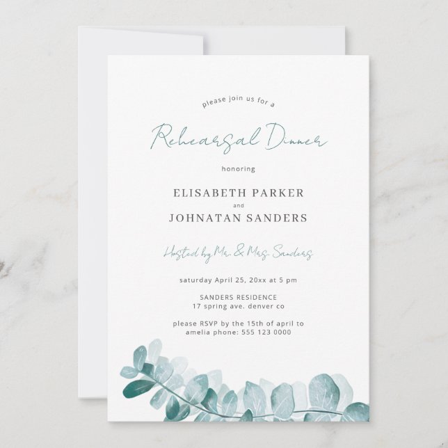 Botanical greenery modern wedding rehearsal dinner invitation (Front)