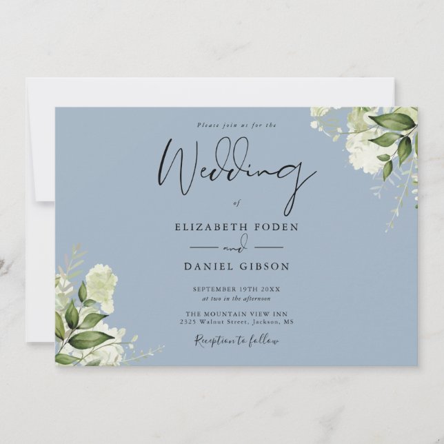 Botanical Greenery Monogram Dusty Blue Wedding Invitation (Front)