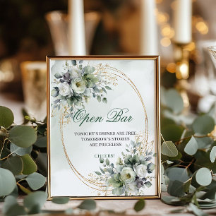 Botanical Greenery Open Bar Sign Gold Foliage