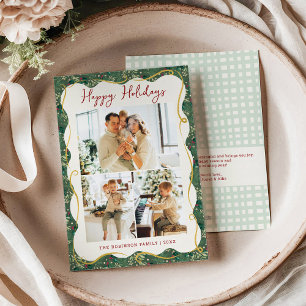 Botanical Greenery Pattern Happy Holidays 3 Photo Holiday Card