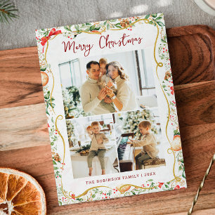 Botanical Greenery Pattern Merry Christmas 3 Photo Holiday Card