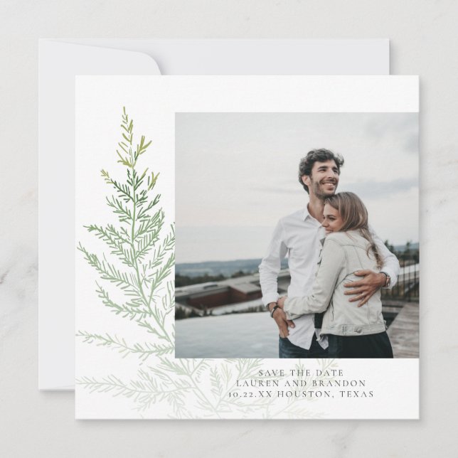 Botanical Greenery Photo Calligraphy Save The Date (Front)
