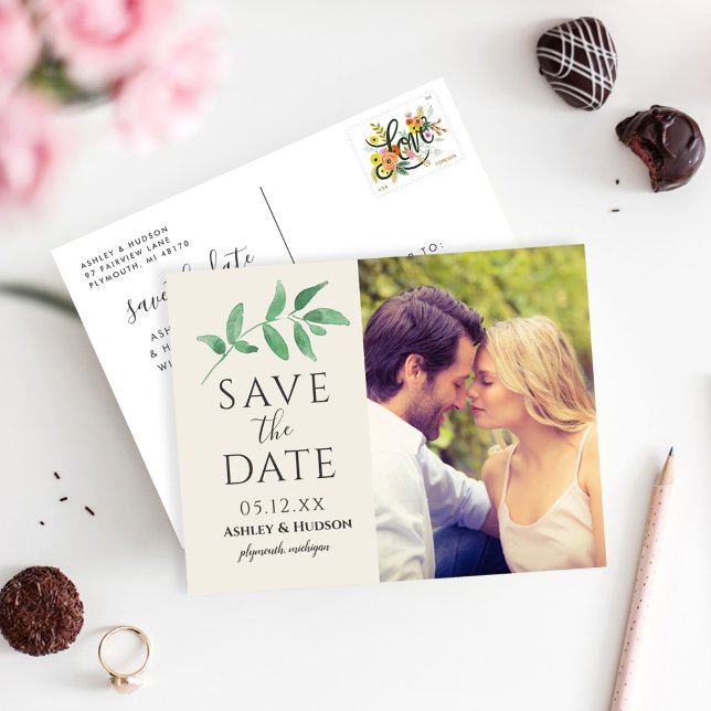 Botanical Greenery Photo Wedding Save the Date Announcement Postcard (Creator Uploaded)
