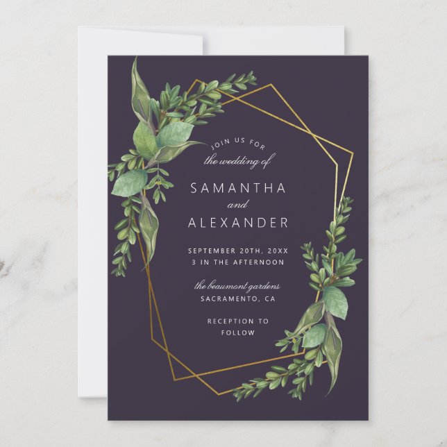 Botanical Greenery Purple & Gold Geometric Wedding Invitation (Front)