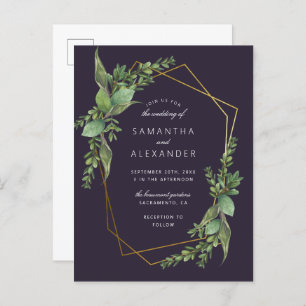 Botanical Greenery Purple & Gold Geometric Wedding Invitation Postcard