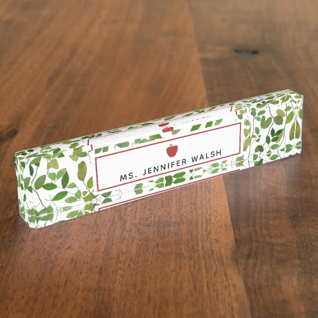 Botanical Greenery Red Apple Teacher Nameplate (Side)