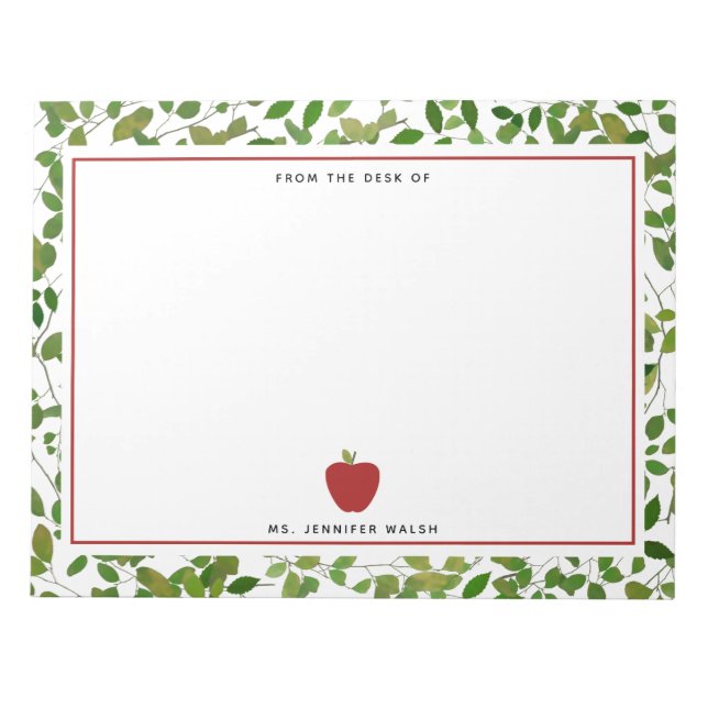 Botanical Greenery Red Apple Teacher Notepad (Front)