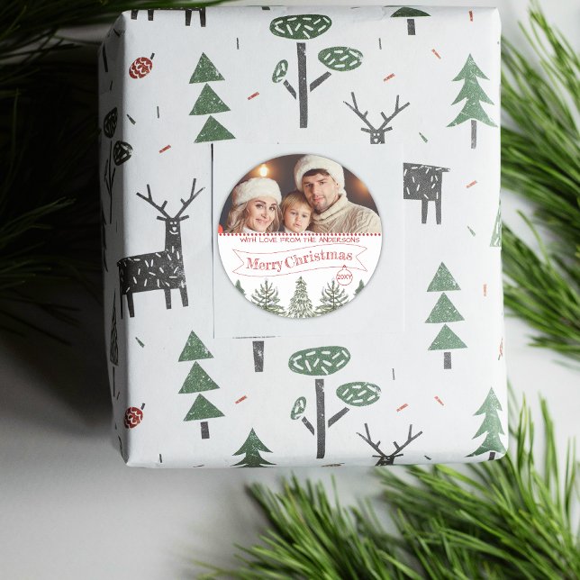 Botanical Greenery Red Green Photo Merry Christmas Classic Round Sticker (Creator Uploaded)