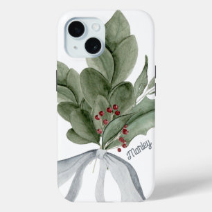 Botanical Greenery Silver Ribbon Personalised iPhone 15 Case