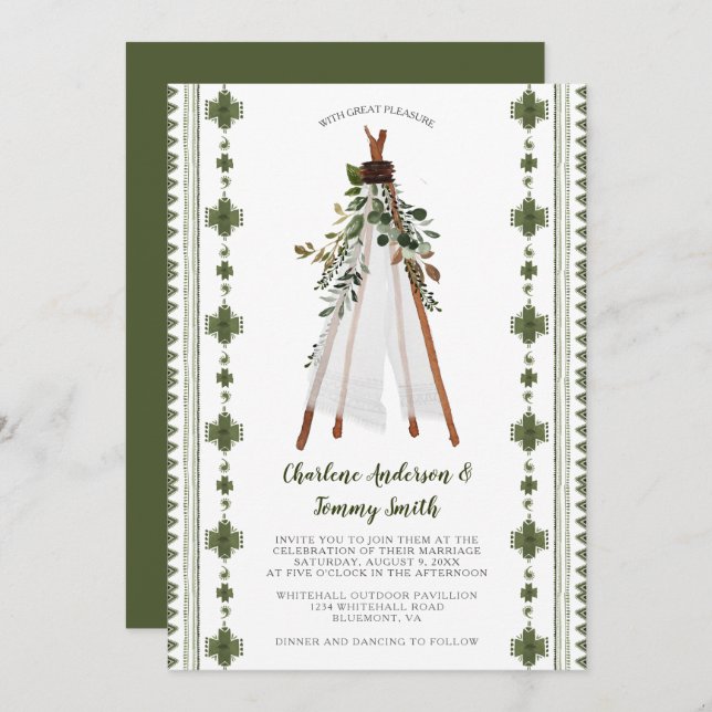 Botanical Greenery Tribal Boho Teepee Invitation (Front/Back)