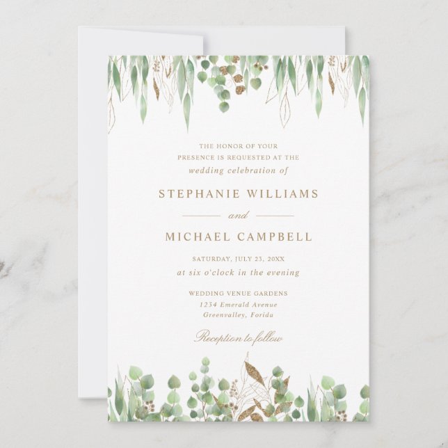 Botanical Greenery Watercolor Gold Wedding Invitation (Front)