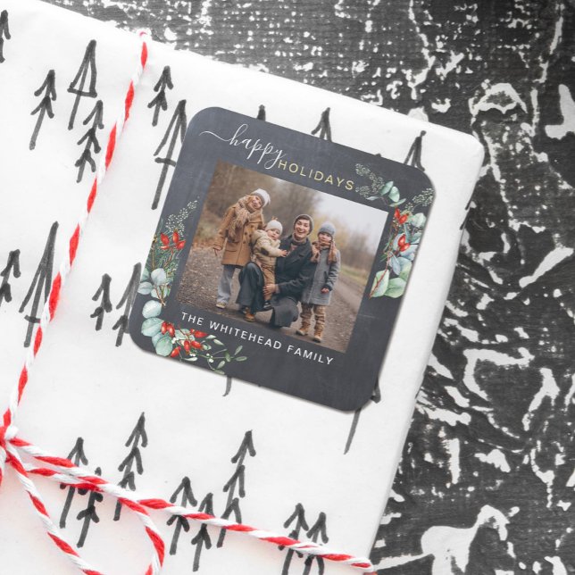 Botanical Greenery Watercolor Rustic Chalkboard Square Sticker (Chalkboard background with a holly watercolor greenery for a happy holiday sticker.)