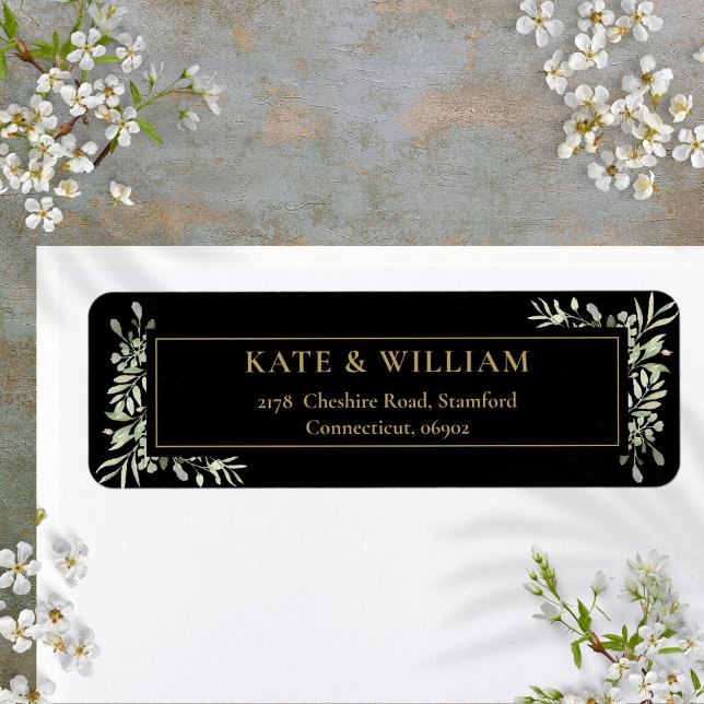 Botanical Greenery Watercolour Leaves Address (Greenery Floral Black And Gold Return Address Label)