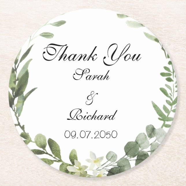 Botanical Greenery Wedding  Classic Round Sticker Paper Coaster (Front)