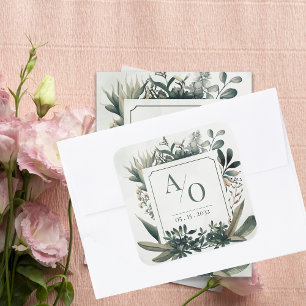 Botanical Greenery Wedding Monogram  Square Sticker