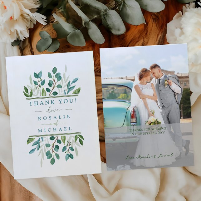 Botanical Greenery Wedding Photo Thank you Card (Flat Photo Wedding Thank You Card Front and Back)