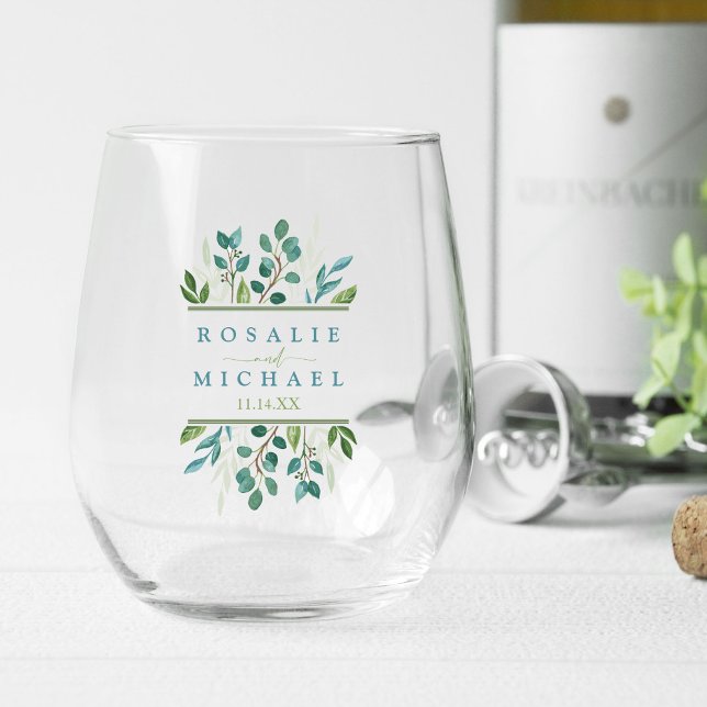 Botanical Greenery Wedding Stemless Wine Glass (Stemless Wine Glass Wedding Glass with custom name)