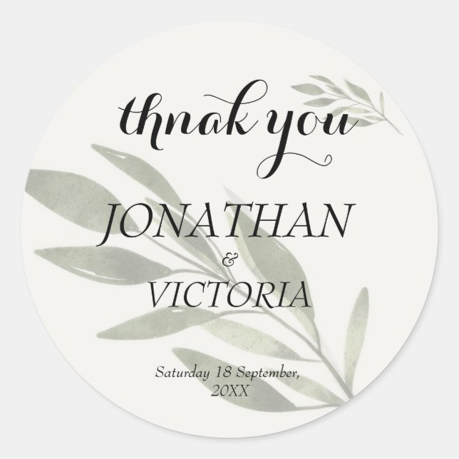 Botanical Greenery Wedding Thank You Round Sticker (Front)