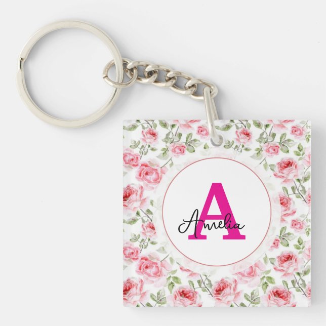 Botanical greenery wedding watercolor roses key ring (Front)