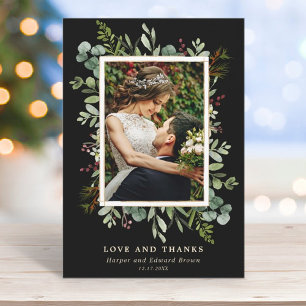 Botanical Greenery Winter Wedding Photo Black Thank You Card
