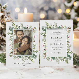 Botanical Greenery Winter Wedding Photo Green Save The Date