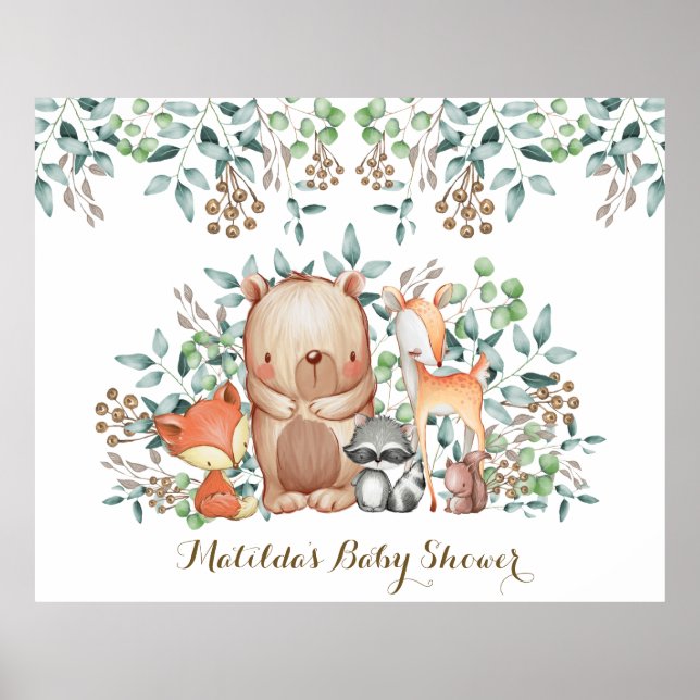 Botanical Greenery Woodland Animals Welcome Baby Poster (Front)