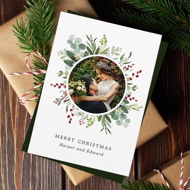 Botanical Greenery Wreath Merry Christmas Photo Holiday Card (Creator Uploaded)