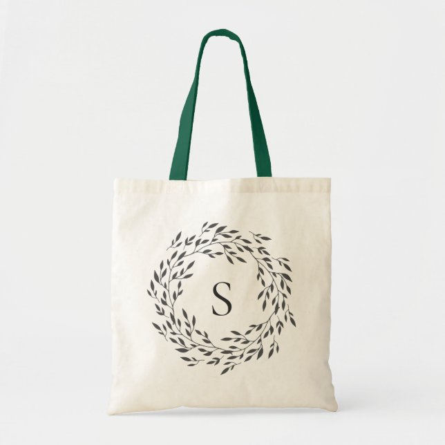 Botanical Greenery Wreath Monogram Tote Bag (Front)