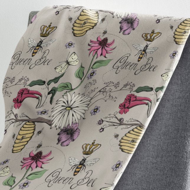 Botanical Greige Floral Queen Bee Pattern Sherpa Blanket (Greige Queen Bee, Gold Crown, Beehive, Honeybees and Flowers, like Hibiscus, Daisies, & Cosmos.)