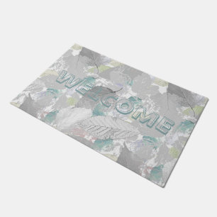 Botanical ,grey, leaves ,white and grey, turquoise doormat