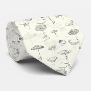 Botanical Grey White Forest Mushroom Pattern Tie