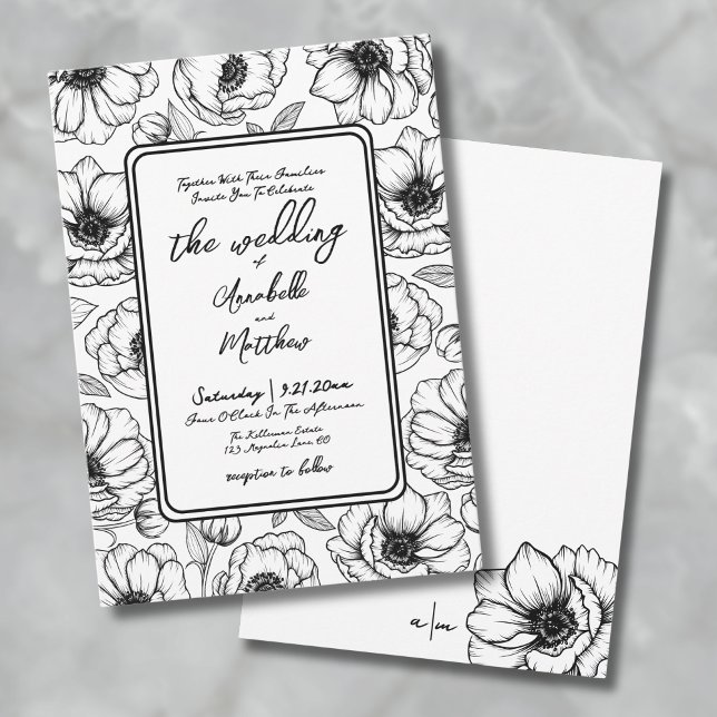 Botanical Hand Drawn Whimsical Floral Wedding Invitation (Floral Hand Drawn Whimsical Wedding Invitation)
