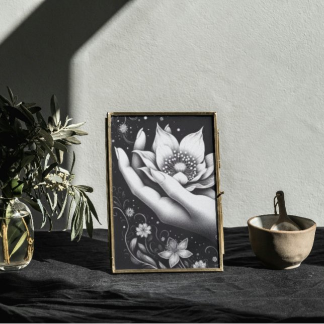 Botanical Hand Etching with Falling Petals Canvas Print (Mystical feminine lotus art, soft power and floral elegance for modern boho or Japandi-style decor)