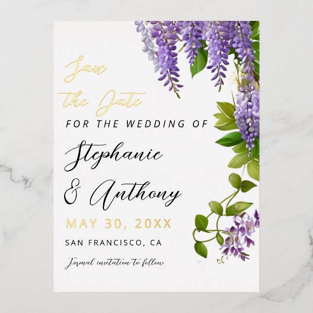 Botanical Hanging Purple Wisteria Wedding  Foil Invitation Postcard (Front)