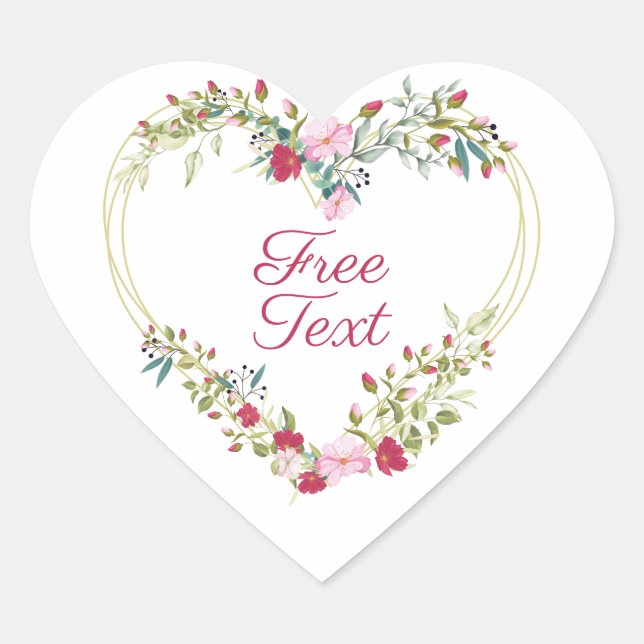 Botanical Heart in Pink and Red Shades Custom Text Heart Sticker (Front)