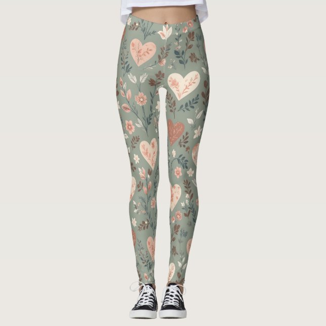 Botanical Hearts Romantic Floral Seamless Pattern  Leggings (Front)