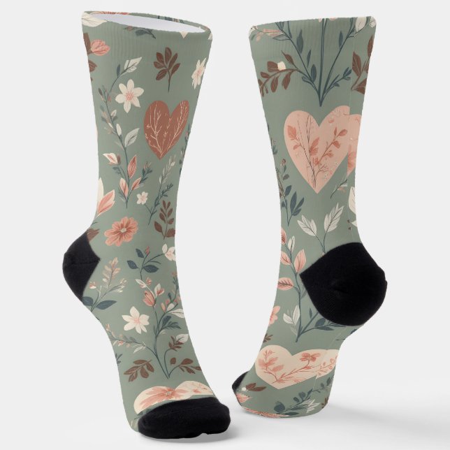 Botanical Hearts Romantic Floral Seamless Pattern  Socks (Angled)
