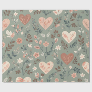 Botanical Hearts Romantic Floral Seamless Pattern Wrapping Paper