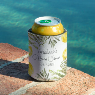 Botanical Herbs Lemons Watercolor Bridal Shower  Can Cooler