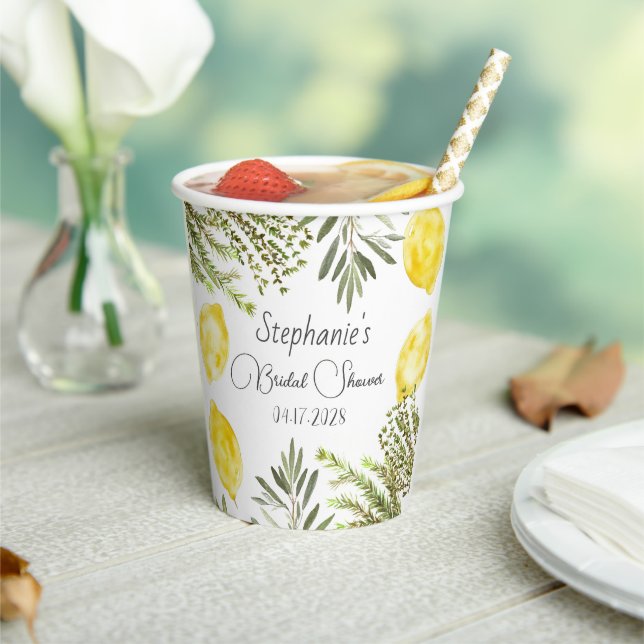 Botanical Herbs Lemons Watercolor Bridal Shower  Paper Cups (Insitu)