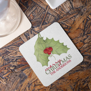 Botanical Holiday Elegant Merry Christmas Name Square Paper Coaster
