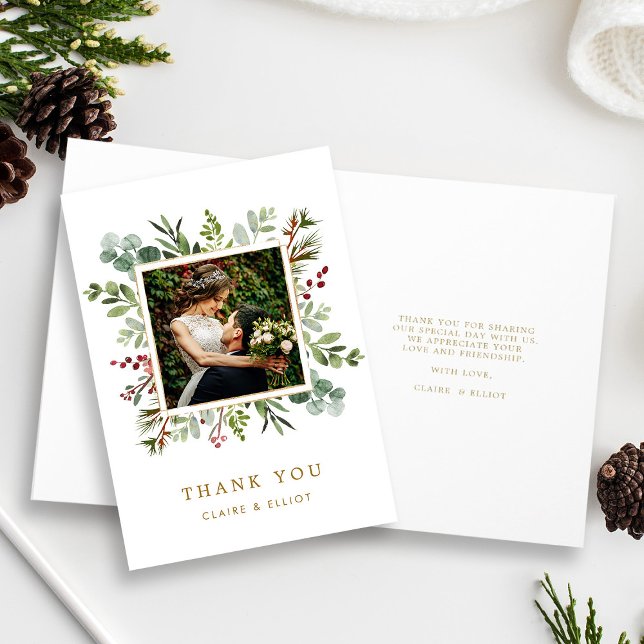 Botanical Holiday Gold Wedding Thank You Photo  Card (Front & Inside)
