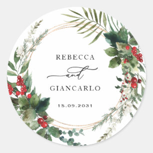 Botanical Holiday Greenery Red Berries Wedding Classic Round Sticker