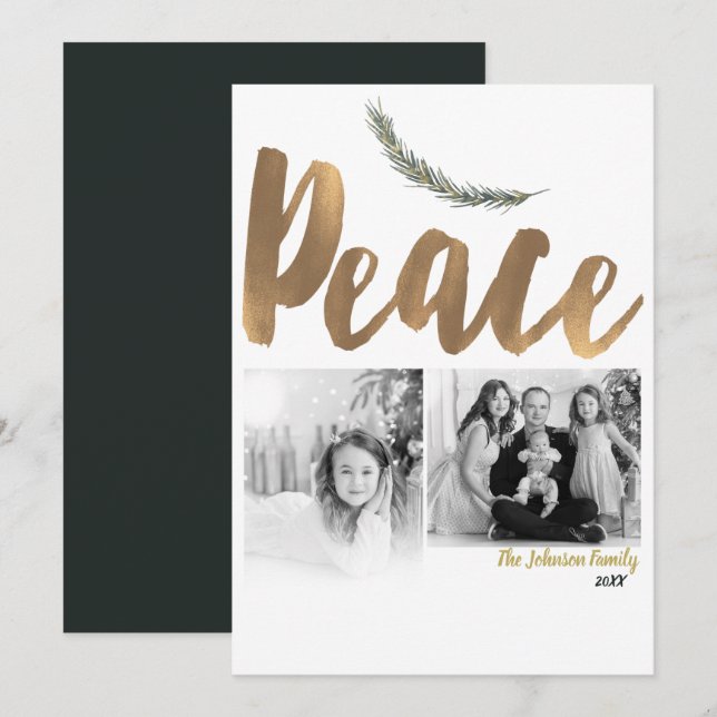 Botanical Holiday Peace Branch Pine Gold Photo Invitation (Front/Back)